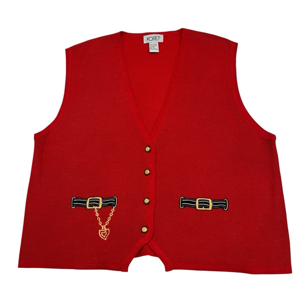 Koret Sweater Vest XL Red Wool Blend Faux Embroidered Belt Equestrian Stable
